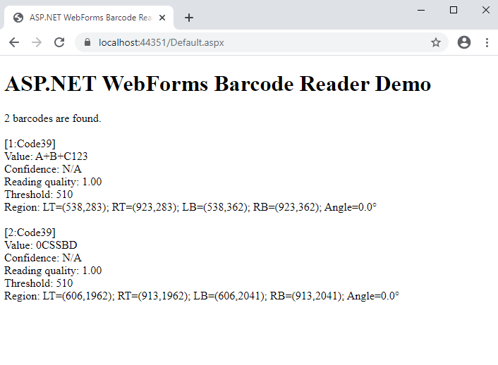 Barcode recognition result in ASP.NET WebForms application